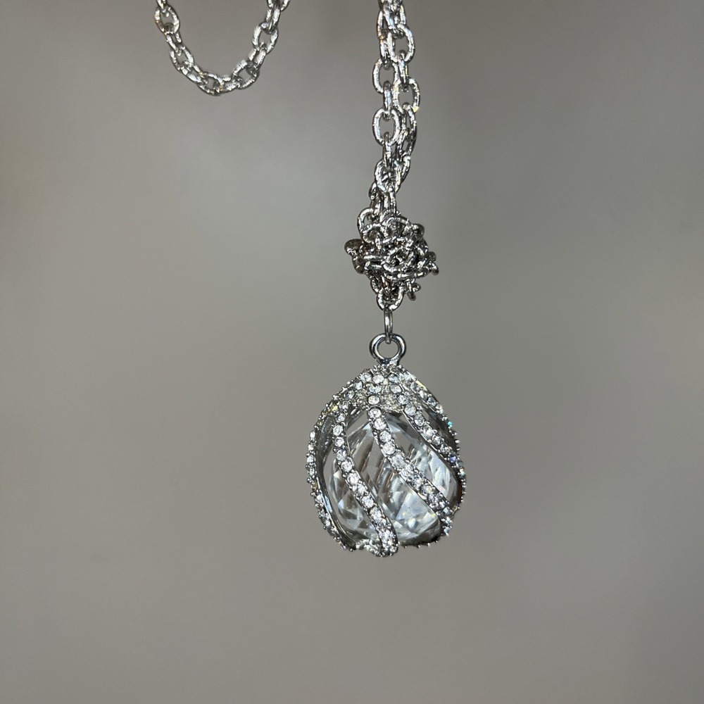 VTG Jules B‎ Caged Crystal Teardrop Pendant Textured Chain Silver Necklace READ